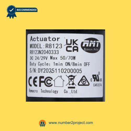 RMT R8123N2040333 linear actuator specification label model R8123 DC 24V Remacro Technology recliner lift chair actuator identification plate close up Number2project