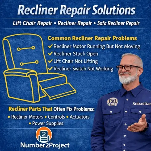 Recliner Repair Solutions guide showing common recliner repair problems, lift chair repair tips, and sofa recliner repair solutions by Number2project.