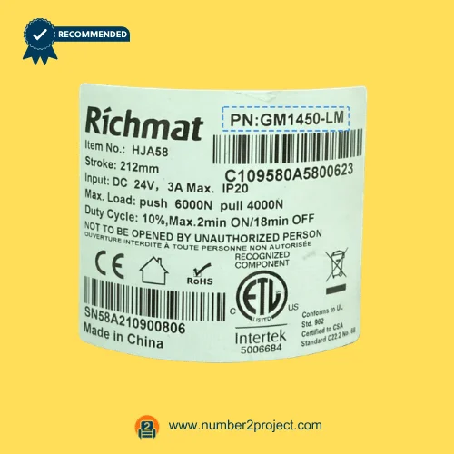 Richmat HJA58 GM1450-LM actuator label 24V DC 6000N push 4000N pull 212mm stroke recliner motor specification Number2project