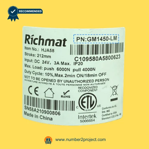 Richmat HJA58 GM1450-LM linear actuator label specifications 24V 3A 6000N stroke 212mm recliner lift chair motor close up Number2project