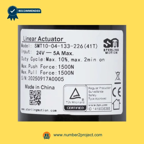 SMT SMT10-04-133-226 41T actuator label showing 24V 5A specifications 1500N force duty cycle recliner motor sticker close up Number2project