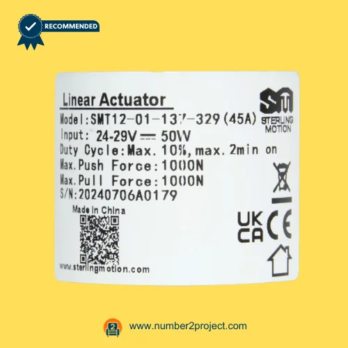 SMT SMT12-01-137-329 45A actuator label showing 24-29V 50W specifications 1000N force duty cycle recliner motor sticker close up Number2project