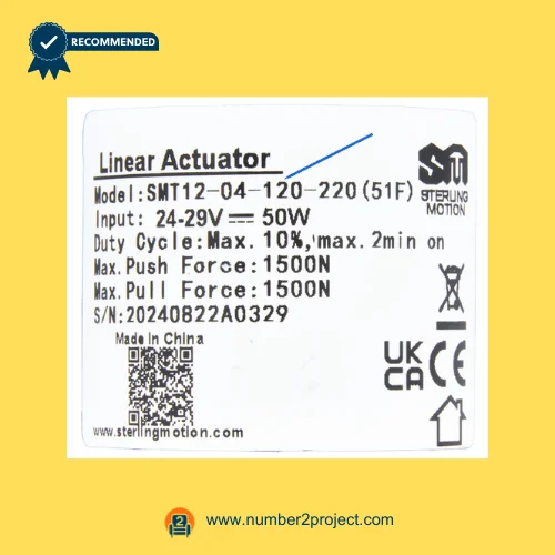 SMT SMT12-04-120-220 51F actuator label showing 24-29V 50W specifications 1500N force duty cycle recliner motor sticker close up Number2project