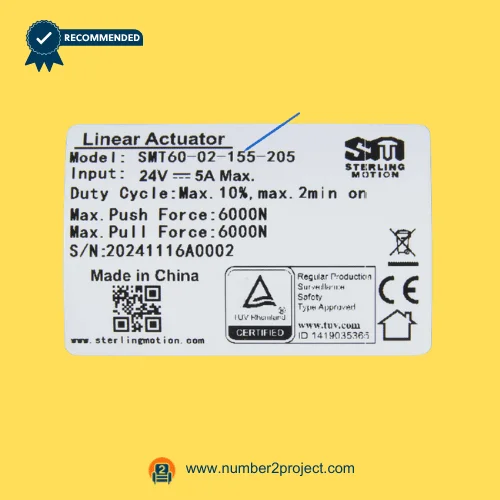 SMT SMT60-02-155-205 actuator label showing 24V 5A specifications 6000N force duty cycle recliner motor sticker close up Number2project