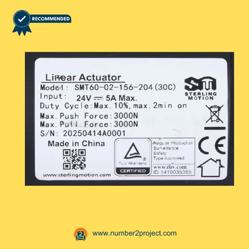 SMT SMT60-02-156-204 30C actuator label showing 24V 5A specifications 3000N force duty cycle recliner motor sticker close up Number2project
