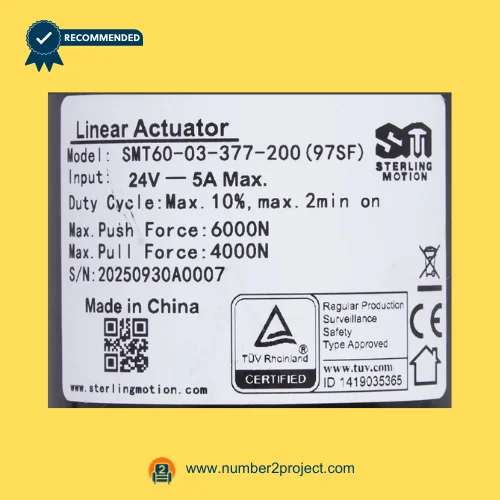 SMT SMT60-03-377-200 97SF actuator label showing 24V 5A specifications 6000N push force 4000N pull recliner motor sticker close up Number2project