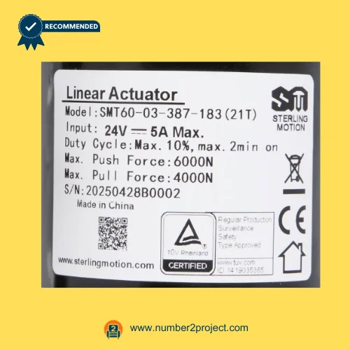 SMT SMT60-03-387-183 21T actuator label showing 24V 5A specifications 6000N push force 4000N pull recliner motor sticker close up Number2project