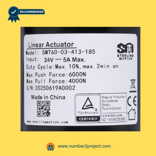 SMT SMT60-03-413-185 actuator label showing 24V 5A specifications 6000N push force 4000N pull recliner motor sticker close up Number2project