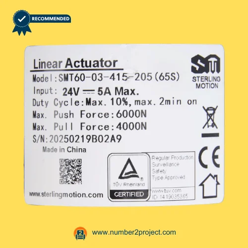 SMT SMT60-03-415-205 65S actuator label showing 24V 5A specifications 6000N push force 4000N pull recliner motor sticker close up Number2project