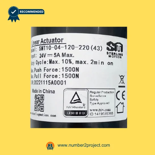 SMT10-04-120-220 43 linear actuator label Sterling Motion specifications 24V 5A 1500N force recliner lift chair motor details Number2project