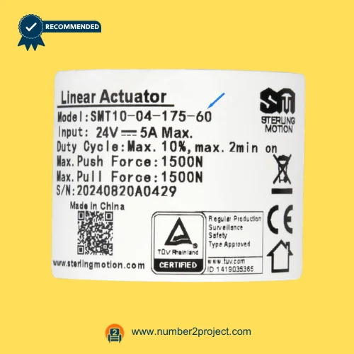 SMT10-04-175-60 actuator label showing 24V 5A specifications 1500N force duty cycle recliner motor sticker close up Number2project