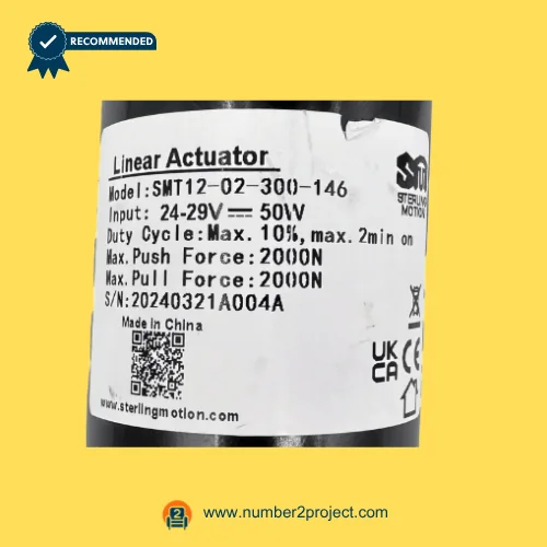 SMT11-02-300-146 linear actuator label showing specifications 24-29V 50W 2000N force recliner lift chair motor details close up Number2project