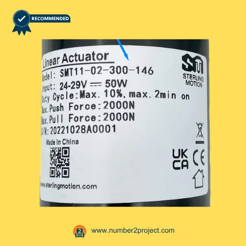 SMT12-02-300-146 linear actuator label showing specifications 24-29V 50W 2000N force recliner lift chair motor details close up Number2project