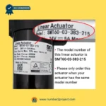 SMT60-03-383-215 actuator label close up showing model number and specifications recliner motor identification sticker Number2project