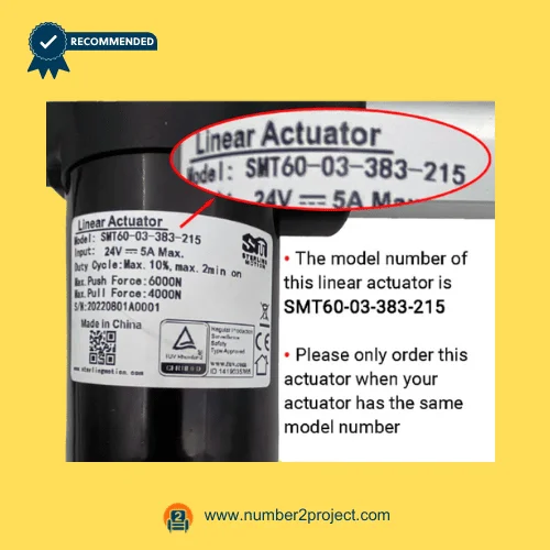 SMT60-03-383-215 actuator label close up showing model number and specifications recliner motor identification sticker Number2project