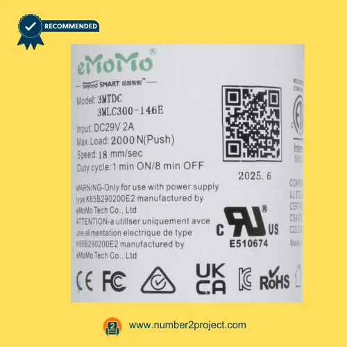 emomo 3mtdc 3mlc300-146e linear actuator label close up 29v actuator specification sticker recliner lift chair motor number2project