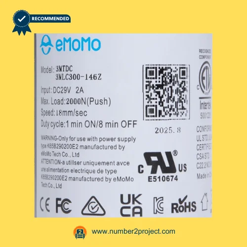 emomo 3mtdc 3mlc300-146z linear actuator label close up 29v actuator specification sticker recliner lift chair motor number2project