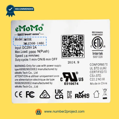 eMoMo 3MTDE 3MLE300-146E linear actuator label showing DC29V input 2000N load 18mm sec speed duty cycle QR code and certifications recliner motor Number2project