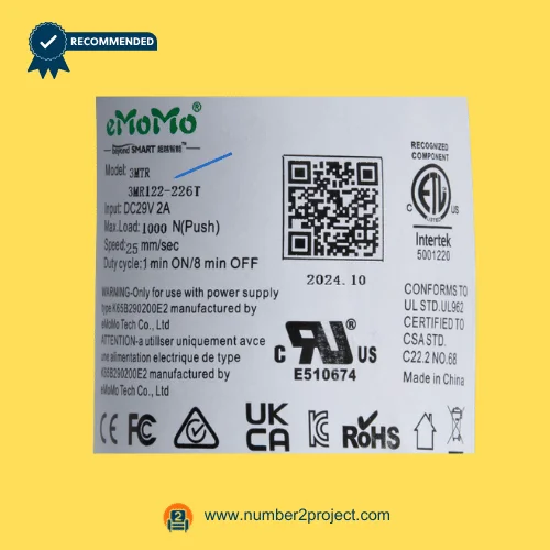 eMoMo 3MTR 3MR122-226T linear actuator label showing model specifications QR code DC29V rating duty cycle and certification markings recliner motor Number2project