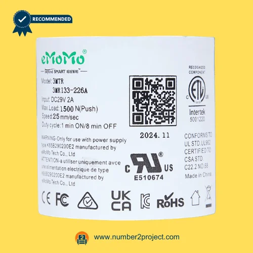 eMoMo 3MTR 3MR133-226A linear actuator label showing DC29V input 1500N load 25mm sec speed duty cycle QR code and certification markings recliner motor Number2project