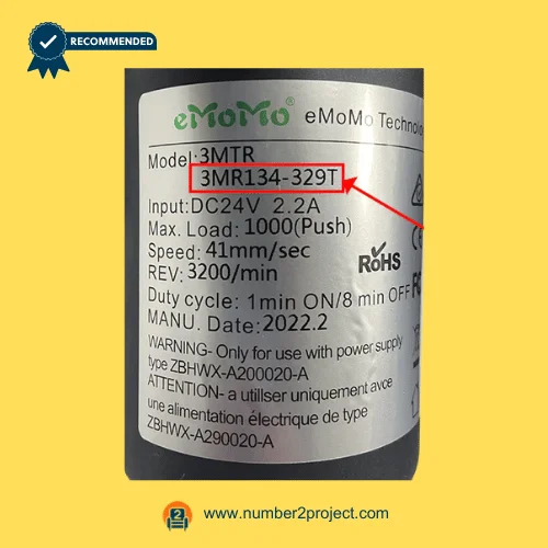 eMoMo 3MTR 3MR134-329T linear actuator label showing DC24V input 1000N load 41mm sec speed duty cycle recliner motor specifications Number2project