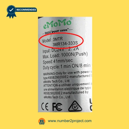 eMoMo 3MTR 3MR134-333S linear actuator label showing model number DC24V input max load 1000N speed 41mm sec duty cycle recliner motor specifications Number2project