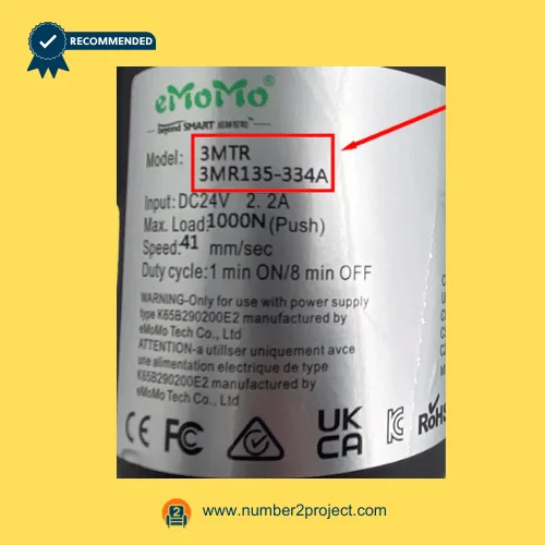 eMoMo 3MTR 3MR135-334A linear actuator label showing DC24V input 1000N load 41mm sec speed duty cycle recliner motor specifications Number2project