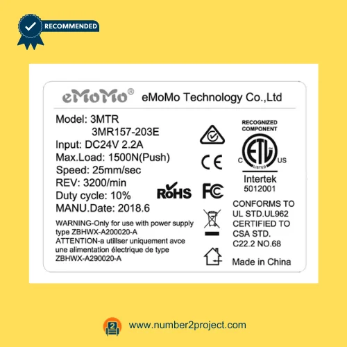 eMoMo 3MTR 3MR157-203E actuator label showing specifications DC24V 2.2A 1500N load speed 25mm/s recliner motor identification sticker Number2project