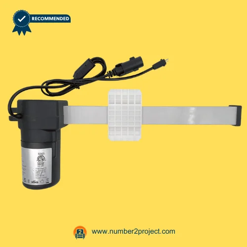 eMoMo linear actuator motor assembly rear view showing gear housing lead screw and power cable with connectors for recliner lift chair motion system Number2project