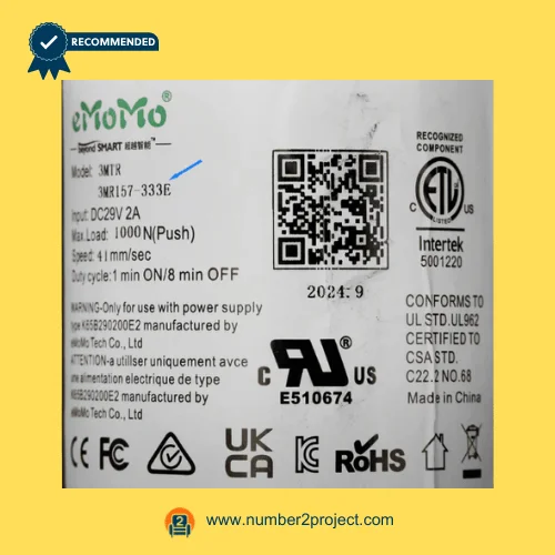 eMoMo 3MTR 3MR157-333E linear actuator label showing DC29V input 1000N load 41mm sec speed duty cycle QR code and certifications recliner motor Number2project