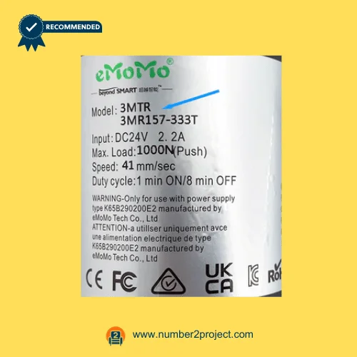 eMoMo 3MTR 3MR157-333T linear actuator label showing DC24V input 1000N load 41mm sec speed duty cycle recliner motor specifications Number2project
