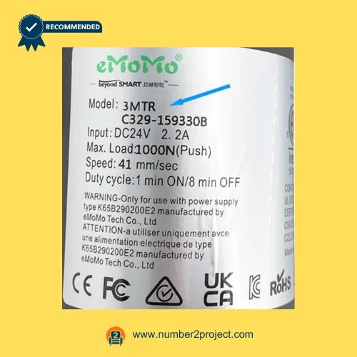 eMoMo 3MTR C329-159330B linear actuator label showing DC24V input 1000N load 41mm sec speed duty cycle recliner motor specifications Number2project