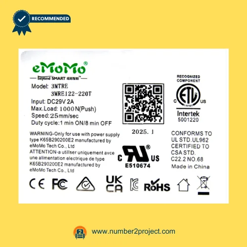 emomo 3mtre 3mre122-220t linear actuator label close up 29v actuator specification sticker recliner lift chair motor number2project