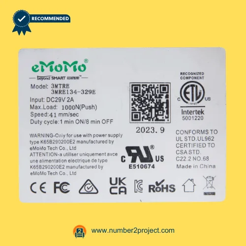eMoMo 3MTRE 3MRE134-329E linear actuator label showing DC29V input 1000N load speed 41mm sec duty cycle QR code and certification markings recliner motor Number2project