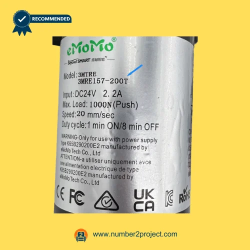 eMoMo 3MTRE 3MRE157-200T linear actuator label showing DC24V input 1000N load 20mm sec speed duty cycle recliner motor specifications Number2project