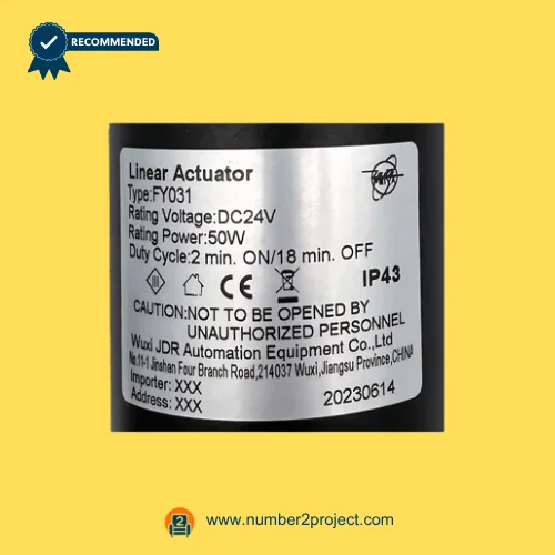 Feiya FY031 linear actuator label close up showing DC24V 50W specifications recliner lift chair motor Wuxi JDR Number2project