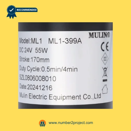 MULIN ML1-399A linear actuator label showing 24V DC 55W stroke 170mm and duty cycle specifications recliner lift chair motor detail close up Number2project
