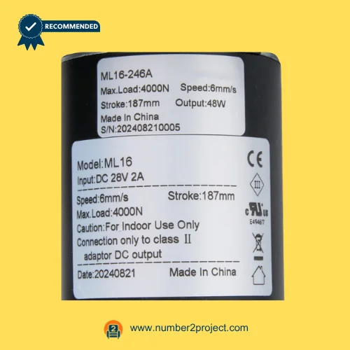 MULIN ML16-246A actuator label showing 28V DC input 187mm stroke 4000N load 6mm/s speed recliner lift chair motor specs close up Number2project