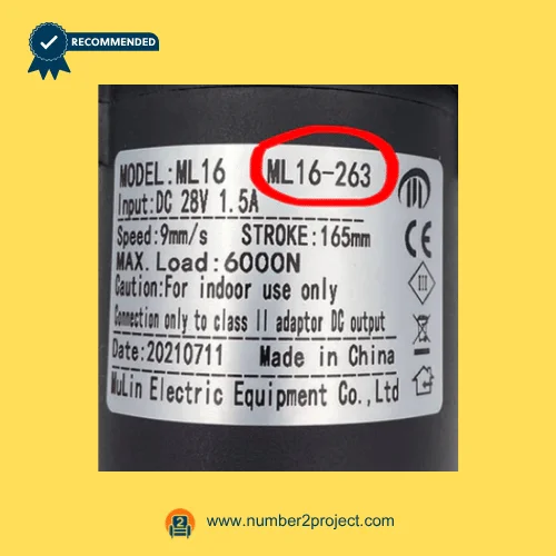 MULIN ML16-263 linear actuator label showing 28V DC input 1.5A stroke 165mm and 6000N load recliner lift chair motor detail close up Number2project