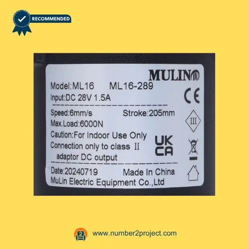 MULIN ML16-289 linear actuator label showing model ML16 DC 28V input speed stroke load specifications recliner actuator label close up Number2project