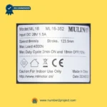 MULIN ML16-352 linear actuator label showing specifications 28V DC input stroke 123.5mm 4000N load recliner lift chair motor details close up Number2project