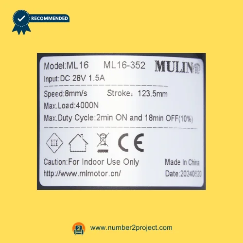 MULIN ML16-352 linear actuator label showing specifications 28V DC input stroke 123.5mm 4000N load recliner lift chair motor details close up Number2project