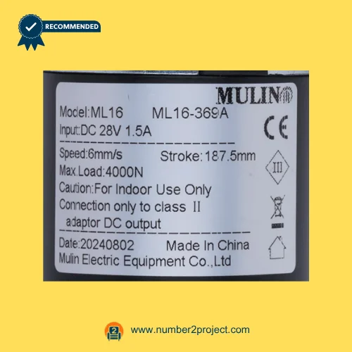 MULIN ML16-369A linear actuator label showing 28V DC input 1.5A speed 6mm/s stroke 187.5mm max load 4000N recliner motor specifications Number2project