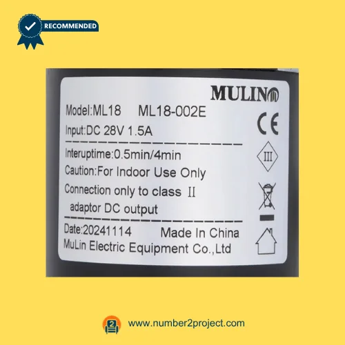 MULIN ML18-002E linear actuator label showing model ML18 DC 28V input interuptime specifications recliner actuator label close up Number2project