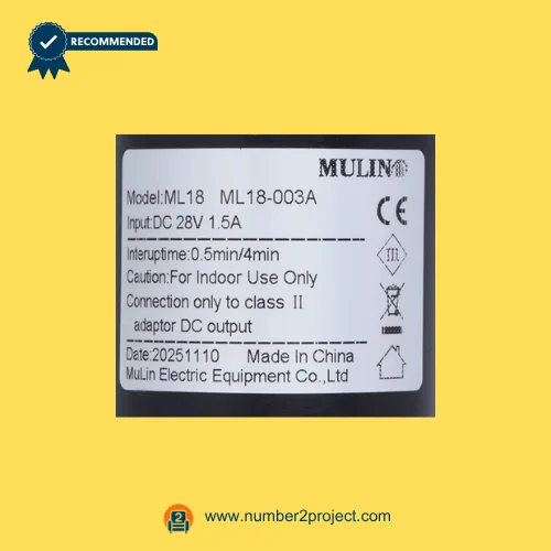 MULIN ML18-003A linear actuator label showing model ML18 DC 28V input interuptime specifications recliner actuator label close up Number2project