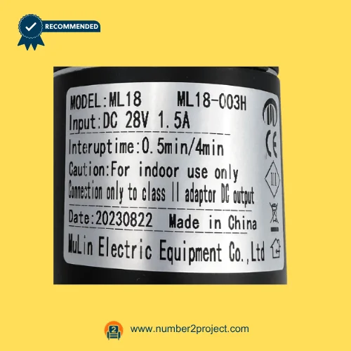 MULIN ML18-003H linear actuator label showing 28V DC input 1.5A duty cycle and safety specifications recliner lift chair motor detail close up Number2project