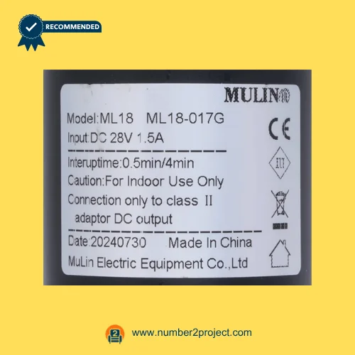 MULIN ML18-017G linear actuator label showing 28V DC input 1.5A duty cycle 0.5min on 4min off recliner motor specifications Number2project