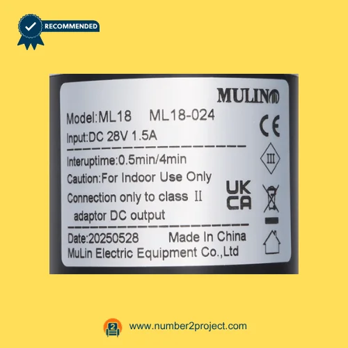 MULIN ML18-024 linear actuator label showing model ML18 DC 28V input interuptime specifications recliner actuator label close up Number2project