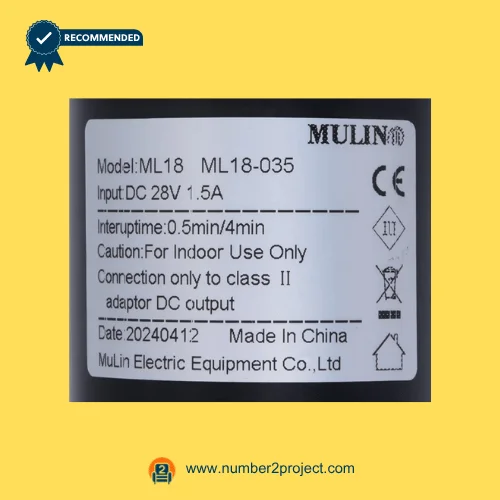 MULIN ML18-035 linear actuator label showing 28V DC input 1.5A duty cycle 0.5min on 4min off recliner motor specifications Number2project