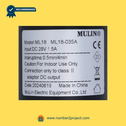 MULIN ML18-035A linear actuator label showing 28V DC input 1.5A duty cycle 0.5min on 4min off recliner motor specifications Number2project